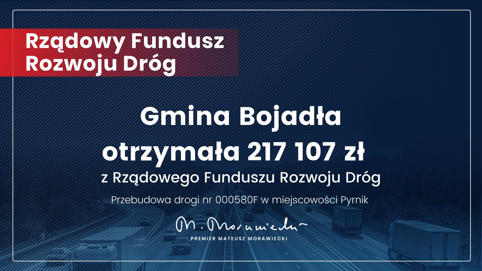 Ilustracja do informacji: Gmina Bojadła z dofinansowaniem na przebudowę drogi w Pyrniku.